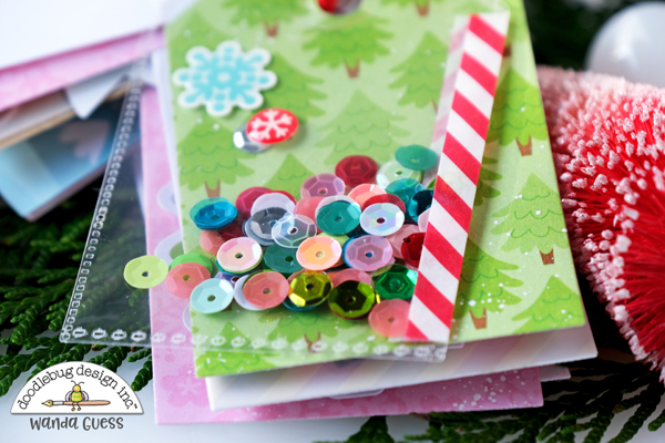 doodlebug design, doodlebug let it snow collection, doodlebug paper, doodlebug christmas, winter, christmas card, christmas tags, flip tag, flip tag ideas, scrapbooking, handmade holiday ideas, mini scrapbook, snowman, santa, tag dies, wanda guess, a blog called wanda