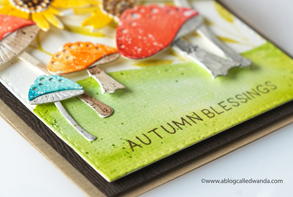 The Greetery new release fall 2020. Gathered Blessings Release. Toadstool Garden dies, botanicuts, sunflower dies, watercolor card ideas, Mijello water colors, card layouts, mushrooms dies, die cuts, Wanda Guess