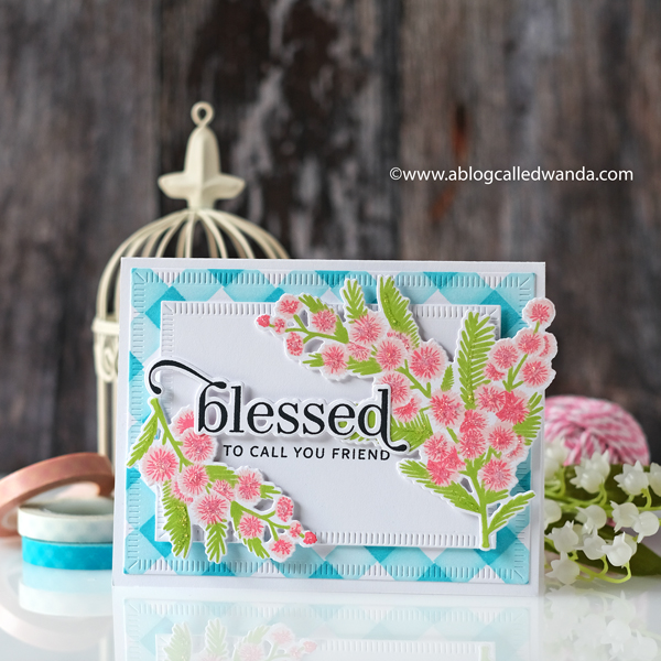 The Greetery new release fall 2020. Gathered Blessings release. Blessed blooms stamp set, square dance stencils, mimosa musings stamp set, layered stamping, card ideas, faith cards, crimped rectangles, The Greetery Design Team, Wanda Guess