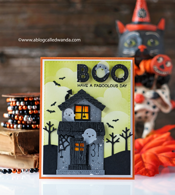 MFT rolling cloud stencil, Lawn Fawn Build A House Die, Lawn Fawn build a house halloween add on, Lawn Fawn stitched trees border, Lawn Fawn Violet ABC's, Lawn Fawn Oliver's stitched dies, Lawn Fawn Tiny Halloween, Distress inks, blender brushes, halloween card ideas, die cuts, cute halloween card, ghosts, handmade cards, cloud stencils, card ideas, wanda guess, a blog called wanda