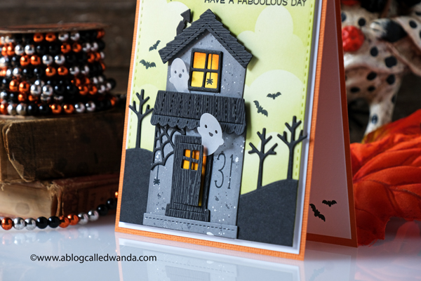 MFT rolling cloud stencil, Lawn Fawn Build A House Die, Lawn Fawn build a house halloween add on, Lawn Fawn stitched trees border, Lawn Fawn Violet ABC's, Lawn Fawn Oliver's stitched dies, Lawn Fawn Tiny Halloween, Distress inks, blender brushes, halloween card ideas, die cuts, cute halloween card, ghosts, handmade cards, cloud stencils, card ideas, wanda guess, a blog called wanda