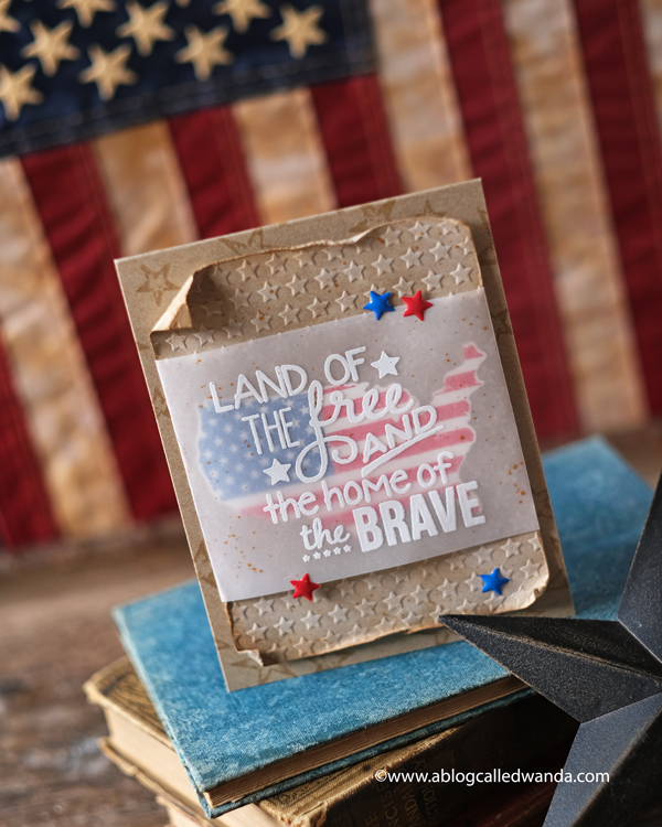 9-11 tribute, handmade card, patriotic card, us die cut, americana stamps, taylored expressions, red white and blue, 4th of july, card ideas, embossing folder, vellum, distress, gold water colors, wanda guess, a blog called wanda