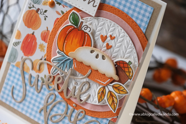 mft stamps, my favorite things stamps and dies, mft sweetie pie, mft autumn blessings, fall card, autumn card, dies, stamps, copics, card layout, taylored expressions cable knit embossing folder, gingham, echo park happy fall, carta bella hello autumn, patterned paper, pumpkin pie, handmade card ideas, wanda guess, a blog called wanda