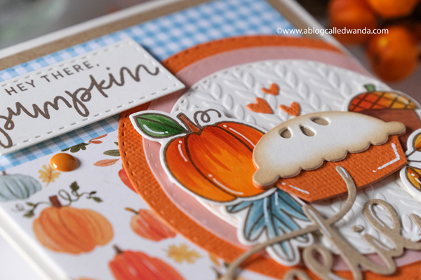 mft stamps, my favorite things stamps and dies, mft sweetie pie, mft autumn blessings, fall card, autumn card, dies, stamps, copics, card layout, taylored expressions cable knit embossing folder, gingham, echo park happy fall, carta bella hello autumn, patterned paper, pumpkin pie, handmade card ideas, wanda guess, a blog called wanda