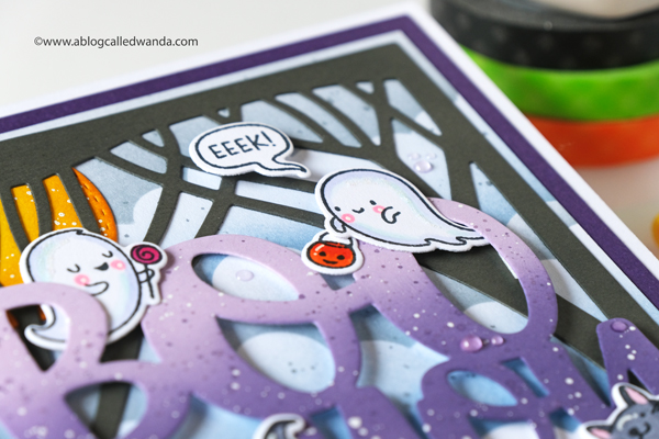 hello bluebird, hello bluebird stamps and dies, frightful little bits, hey boo, trees, dies, halloween card, card ideas, handmade, copics, ink blending, distress inks, stickles, ghosts, stamps, wanda guess, a blog called wanda