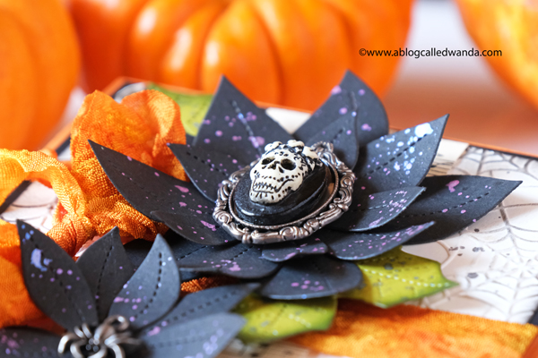 Halloween card ideas. Pretty Pink Posh, Tim Holtz, Distress Inks, Webs embossing folder, Taylored Expressions, Hand dyed ribbon, Halloween charms. Wanda Guess