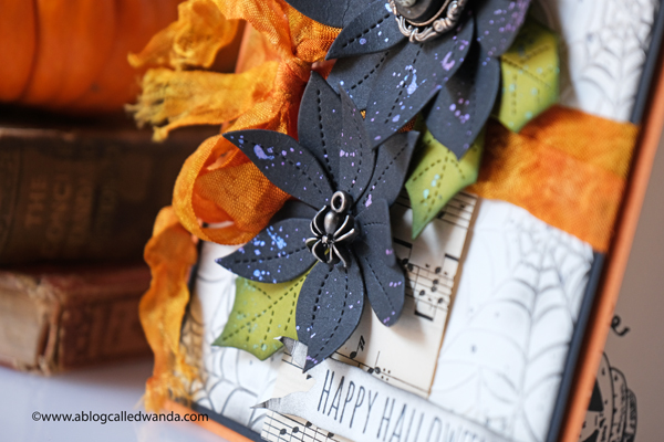 Halloween card ideas. Pretty Pink Posh, Tim Holtz, Distress Inks, Webs embossing folder, Taylored Expressions, Hand dyed ribbon, Halloween charms. Wanda Guess