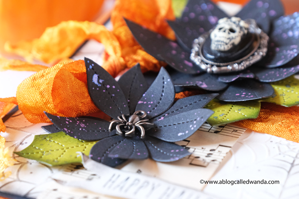 Halloween card ideas. Pretty Pink Posh, Tim Holtz, Distress Inks, Webs embossing folder, Taylored Expressions, Hand dyed ribbon, Halloween charms. Wanda Guess