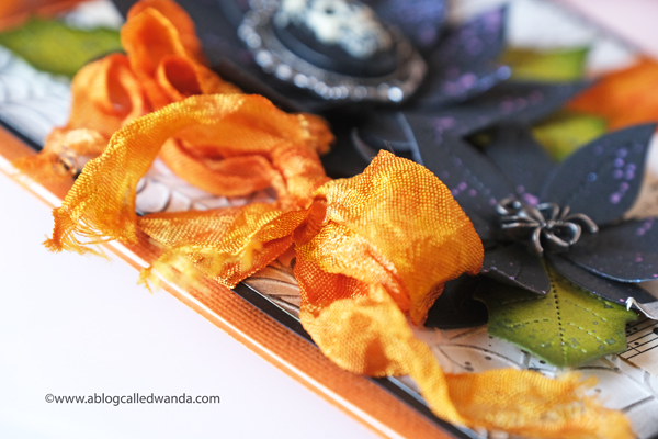 Halloween card ideas. Pretty Pink Posh, Tim Holtz, Distress Inks, Webs embossing folder, Taylored Expressions, Hand dyed ribbon, Halloween charms. Wanda Guess