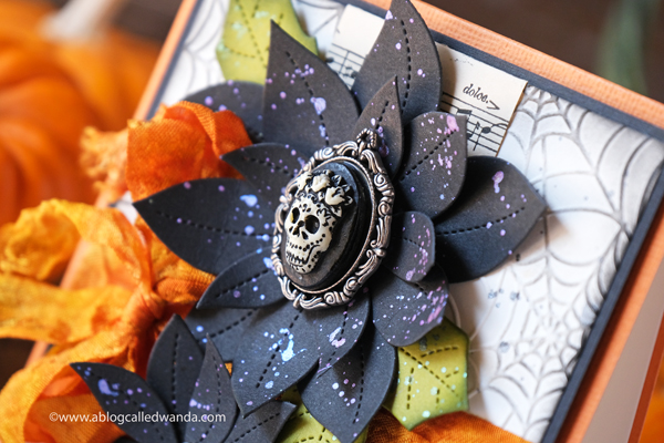 Halloween card ideas. Pretty Pink Posh, Tim Holtz, Distress Inks, Webs embossing folder, Taylored Expressions, Hand dyed ribbon, Halloween charms. Wanda Guess