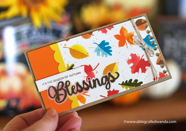 Photoplay Paper Say it with Stamps! Stamps and dies. Slimline card ideas. Fall Cards. Leaf Stencils. Blessings card. Thanksgiving, Autumn. DIY Crafts. Wanda Guess