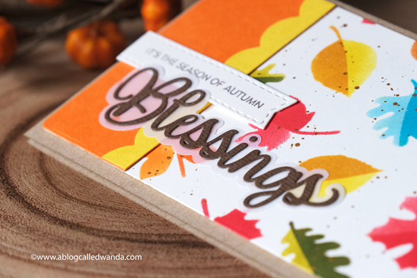 Photoplay Paper Say it with Stamps! Stamps and dies. Slimline card ideas. Fall Cards. Leaf Stencils. Blessings card. Thanksgiving, Autumn. DIY Crafts. Wanda Guess