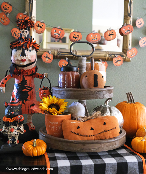 halloween decor, halloween decorations, tiered tray ideas, halloween fun, festive, decorations, party, garland, honeycomb balls, vintage halloween, wanda guess