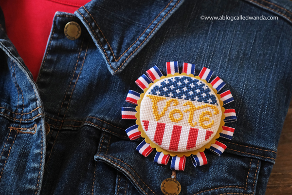 cross stitching, cross stitch, summer house stitche workes, stitched modern, sister suffragette pattern, voting pin, vote cross stitch, handmade pin, rock the vote, easy cross stitch, wanda guess