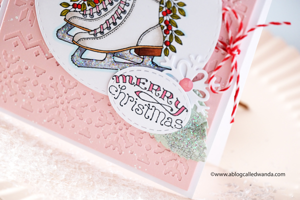 pink ink stamps ice skates, christmas card, taylored expressions sweater weather cutting plate, taylored expressions snowflakes, christmas card, stamping, copics, card ideas, handmade cards, snowflake dies, pink christmas cards, card layout, wanda guess, a blog called wanda
