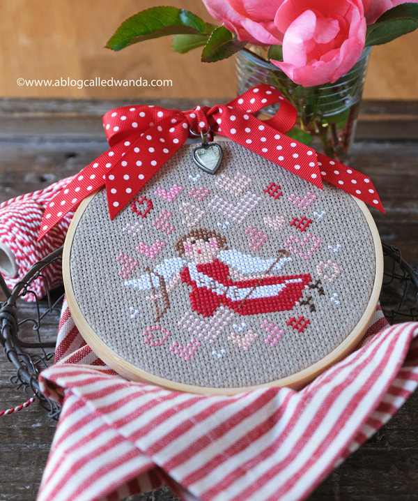 brenda gervais, with thy needle and thread, holiday hoopla, cupid, valentine's day, cross stitch, cross stiching finish, valentine's day crafts, cupid, handmade gifts, wanda guess, a blog called wanda