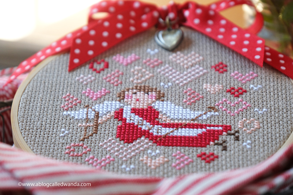 brenda gervais, with thy needle and thread, holiday hoopla, cupid, valentine's day, cross stitch, cross stiching finish, valentine's day crafts, cupid, handmade gifts, wanda guess, a blog called wanda