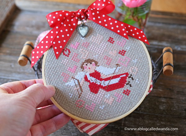 brenda gervais, with thy needle and thread, holiday hoopla, cupid, valentine's day, cross stitch, cross stiching finish, valentine's day crafts, cupid, handmade gifts, wanda guess, a blog called wanda