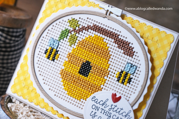 waffle flower, waffle flower new release, waffle flower hopeful, waffle flower stitchables, stitching die cuts, cross stitch on paper, praying girl, copics, distress ink blending, cross stitch cards, beehive, blog hop, wanda guess, a blog called wanda