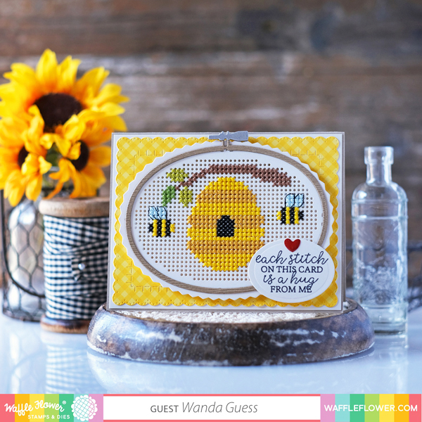 waffle flower, waffle flower new release, waffle flower hopeful, waffle flower stitchables, stitching die cuts, cross stitch on paper, praying girl, copics, distress ink blending, cross stitch cards, beehive, blog hop, wanda guess, a blog called wanda