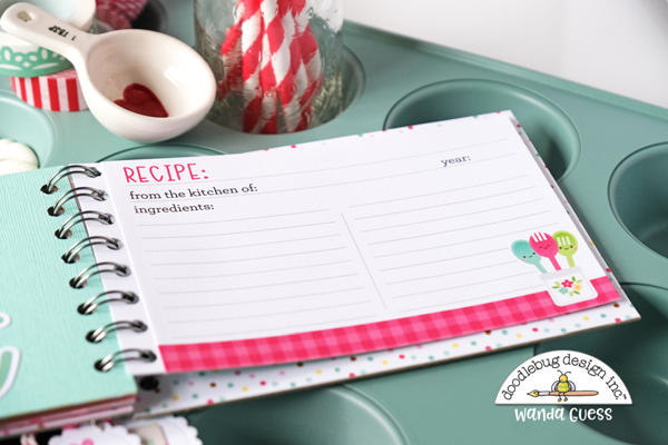 doodlebug design, doodlebug paper, doodlebug design team, Doodlebug made with love collection, handmade, papercrafting, recipe book, baking, cinch, hand binding, make your own recipe book, wanda guess, a blog called wanda