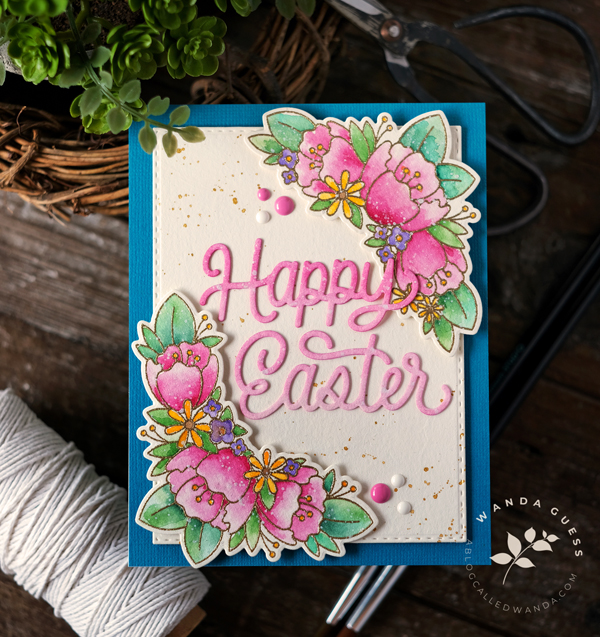 pretty pink posh, pretty pink posh new release, easter, spring, easter basket die, bunnies, watercolor, embossing, happy easter die, easter card ideas, copics, scallop frames, mijello, gingham, vellum, ppp instagram hop, wanda guess, a blog called wanda