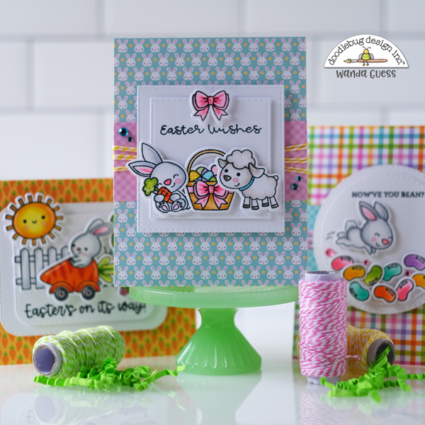 Doodlebug, Doodlebug stamps and dies, Doodlebug hippity hoppity, easter, easter cards, copics, plaid, gingham, spring, card layout ideas, Doodlebug papers, wanda guess, a blog called wanda