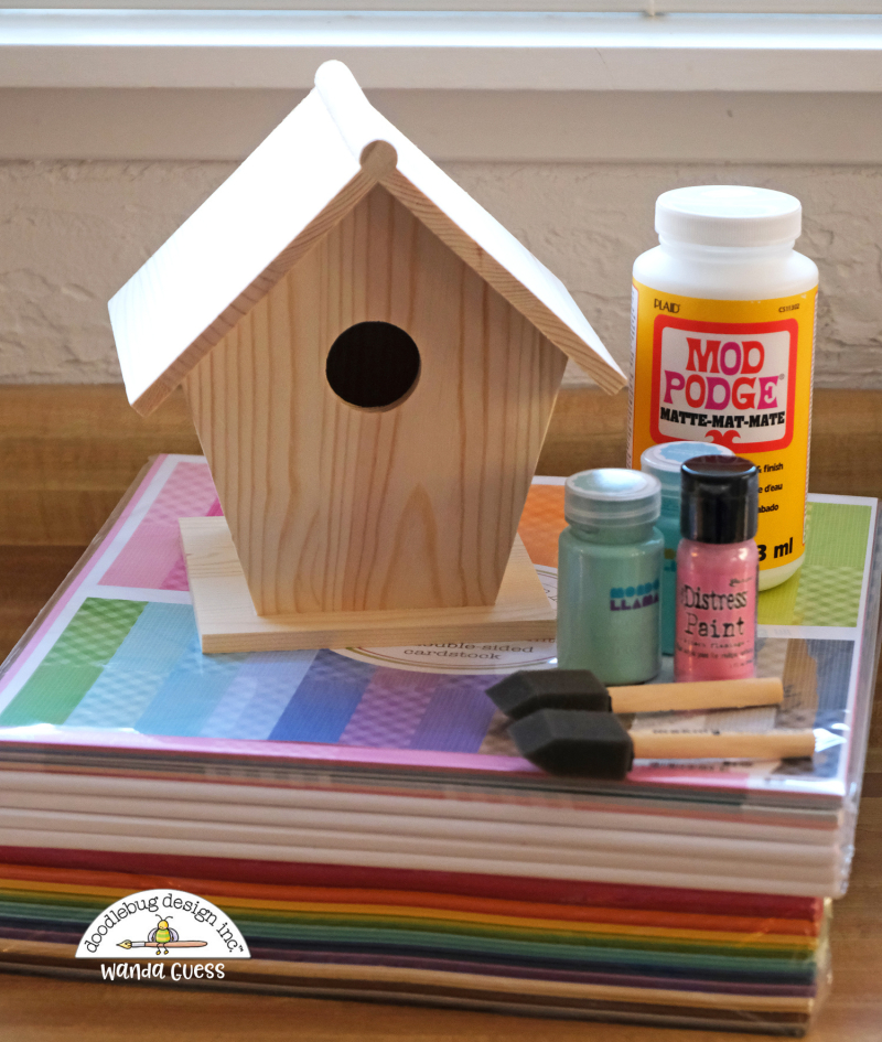 Doodlebug, Doodlebug paper, Doodlebug Fairy Garden Collection, Doodlebug stamps and dies, Decorate birdhouse with paper, diy birdhouse, wanda guess, a blog called wanda