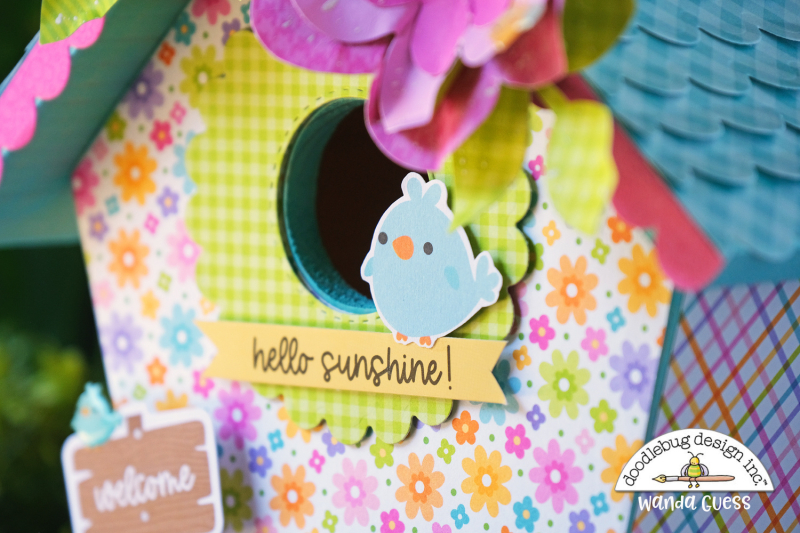 Doodlebug, Doodlebug paper, Doodlebug Fairy Garden Collection, Doodlebug stamps and dies, Decorate birdhouse with paper, diy birdhouse, wanda guess, a blog called wanda