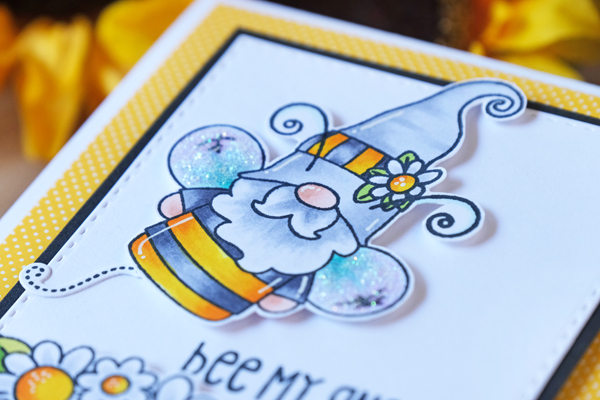 Jaded Blossom Stamps, Jaded Blossom Buzzing with my gnomies, gnome, stamps, dies, flowers, spring, bee, card layout, copic markers, card ideas, wanda guess, a blog called wanda