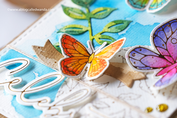 pinkfresh studio, pinkfresh studio blog hop, new release, blueberries and lemons, hot foil system, butterflies, vellum, watercolor, cards, card ideas, handmade cards, spellbinders hot foil system, mijello watercolors, leafy branch die, artistic bow die, wanda guess, a blog called wanda