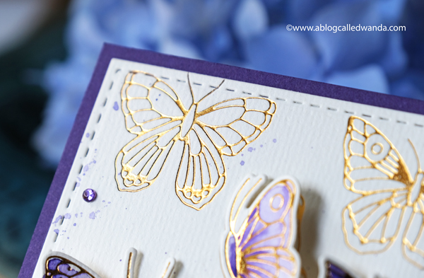 pinkfresh studio, pinkfresh studio blog hop, new release, blueberries and lemons, hot foil system, butterflies, vellum, watercolor, cards, card ideas, handmade cards, spellbinders hot foil system, mijello watercolors, leafy branch die, artistic bow die, wanda guess, a blog called wanda