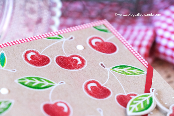 taylored expressions, card kit, te card kit, very cherry card kit, cherry stamps, stencils, die cuts, cards, polychromos on kraft, card ideas, cherry background stamp, wanda guess, a blog called wanda