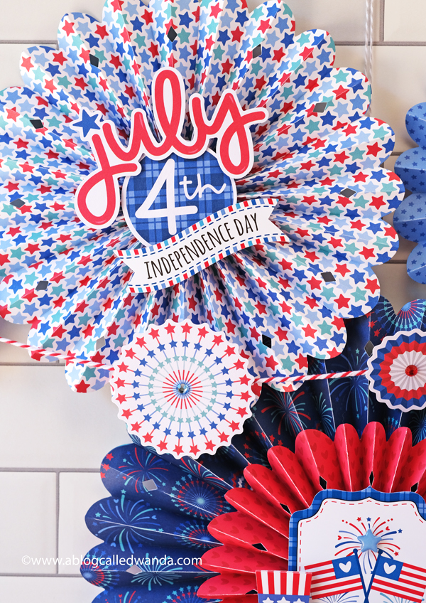 doodlebug, doodlebug papers, doodlebug land that i love collection, patriotic crafts, red white and blue, 4th of july decorations, 4th of july crafts, rosettes, sizzix medallion die, brenda walton dies, patriotic party ideas, 4th of july decor, paper rosettes, paper medallions, wanda guess, a blog called wanda
