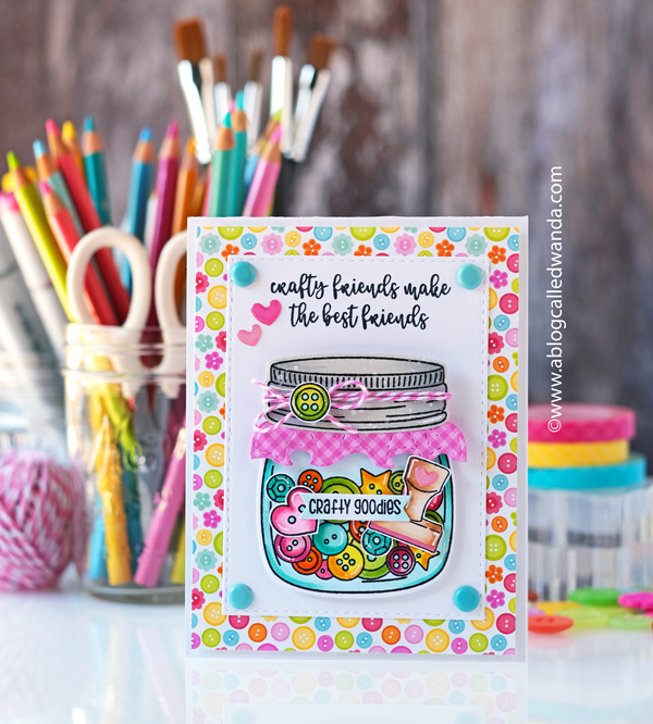 jaded blossom, jaded blossom stamps, mason jar stamps, mason jar die, add ons, crafty card ideas, mason jar cards, lawn fawn quilted background, copics, doodlebug cute and crafty paper, buttons, strawberries, crafty friends cards, card ideas, card layouts, wanda guess, a blog called wanda