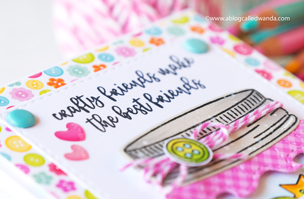 jaded blossom, jaded blossom stamps, mason jar stamps, mason jar die, add ons, crafty card ideas, mason jar cards, lawn fawn quilted background, copics, doodlebug cute and crafty paper, buttons, strawberries, crafty friends cards, card ideas, card layouts, wanda guess, a blog called wanda