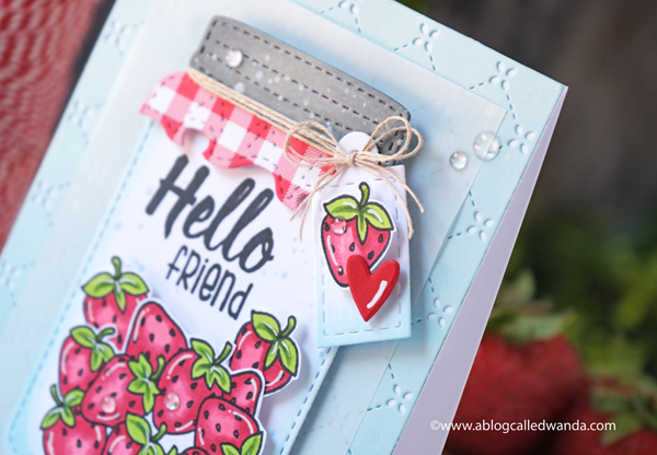 jaded blossom, jaded blossom stamps, mason jar stamps, mason jar die, add ons, crafty card ideas, mason jar cards, lawn fawn quilted background, copics, doodlebug cute and crafty paper, buttons, strawberries, crafty friends cards, card ideas, card layouts, wanda guess, a blog called wanda