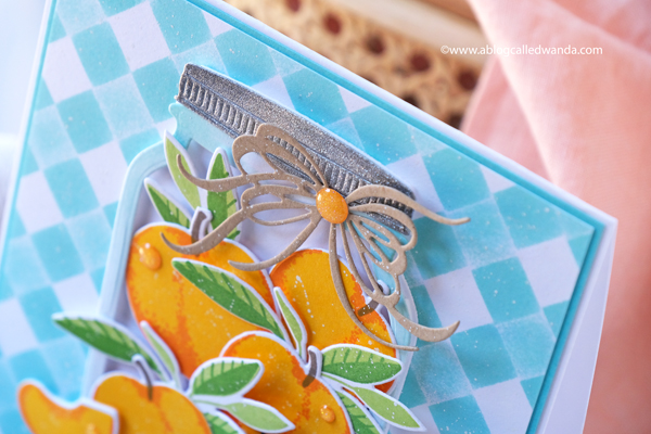 The Greetery, The Greetery Blog, The Greetery Inspiration Friday, TGIF, Wanda Guess, The Greetery Just Peachy, Peachy Keen, Stencils, Square Dance Stencils, The Greetery Jumbo Jar, The Greetery fit to be tied bow dies, mason jar card ideas, Summery Card, Vellum, Gingham, Peaches stamps and dies, A blog called wanda