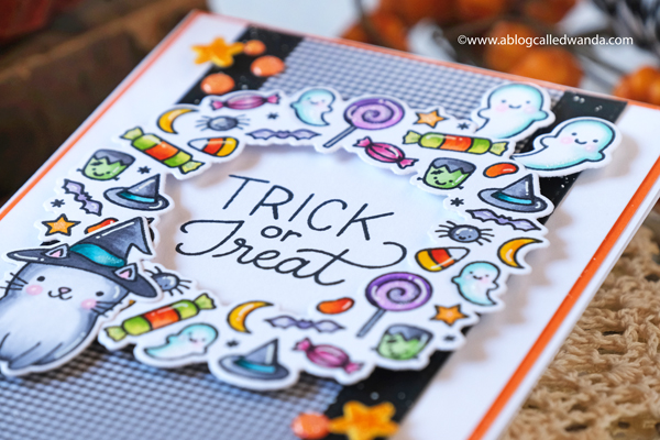 pretty pink posh, pretty pink posh blog hop, pretty pink posh new release, pretty pink posh halloween, boo stamp set, halloween wreath, halloween pals, copics, halloween card, make your own halloween card, treats, card ideas, markers, wanda guess, a blog called wanda