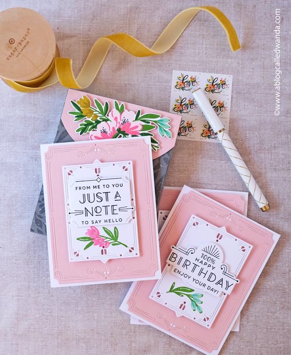 the greetery, the greetery stamps and dies, the greetery new release, the greetery nouveau notes, the greetery stationery set, the greetery floral delicacy stamp, handmade labels, make your own stationery, boxed stationery sets, the greetery always in bloom, the greetery opposites attract, stationery box die cut, wanda guess, a blog called wanda