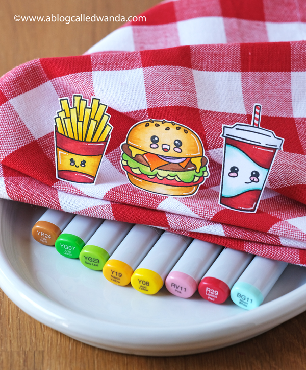 jaded blossom, jaded blossom stamps, jaded blossom kawaii foods, jaded blossom we go together, jaded blossom fresh faces, waffle flower, waffle flower lacy circles, stamping, copic markers, card ideas, burgers stamps, card layouts, wanda guess, a blog called wanda