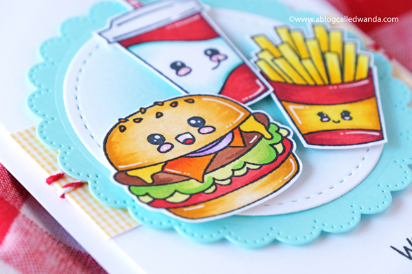 jaded blossom, jaded blossom stamps, jaded blossom kawaii foods, jaded blossom we go together, jaded blossom fresh faces, waffle flower, waffle flower lacy circles, stamping, copic markers, card ideas, burgers stamps, card layouts, wanda guess, a blog called wanda