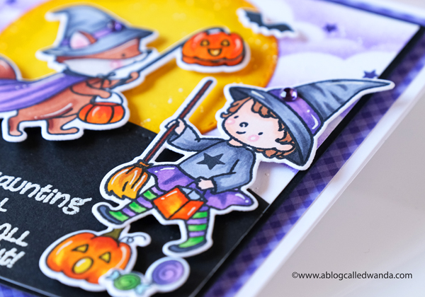 hello bluebird, hello bluebird stamps, halloween, Fall, ink blending, copic markers, halloween card, card ideas, handmade, mft cloud stencil, ink blended clouds, boo crew, little haunters, gingham, wanda guess, a blog called wanda