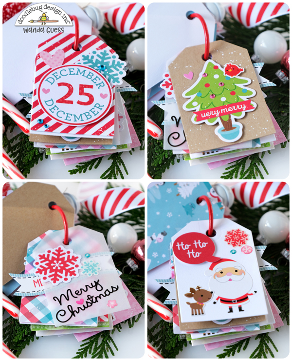 doodlebug design, doodlebug let it snow collection, doodlebug paper, doodlebug christmas, winter, christmas card, christmas tags, flip tag, flip tag ideas, scrapbooking, handmade holiday ideas, mini scrapbook, snowman, santa, tag dies, wanda guess, a blog called wanda