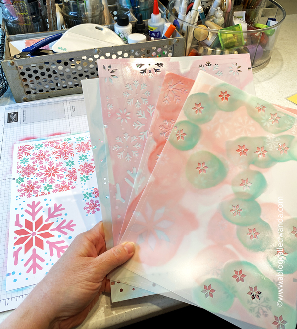 Taylored Expressions, Taylored Expressions snowflake stencils, quad snowflake stencils, quad stencils, distress oxide inks, pastel, christmas, winter, snowflakes, cards, christmas cards, make your own christmas card, card ideas, mittens dies, cards with stencils, wanda guess, a blog called wanda