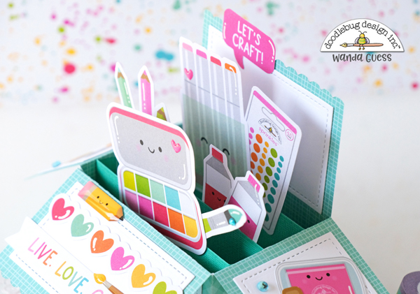 doodlebug, cute and crafty collection, pop up card, lawn fawn pop up card, lawn fawn scalloped box, craft theme card, crafting, card making, scrapbooking, diy cards, fun card, interactive, wanda guess, lawn fawn, doodlebug