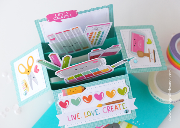 doodlebug, cute and crafty collection, pop up card, lawn fawn pop up card, lawn fawn scalloped box, craft theme card, crafting, card making, scrapbooking, diy cards, fun card, interactive, wanda guess, lawn fawn, doodlebug