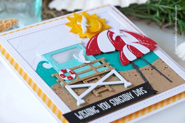 rubbernecker stamps, rubbernecker dies, handmade cards, summer cards, beach cards, handmade card ideas, stamping, make your own cards, beach van die, lifeguard tower, palm trees, how to make your own cards, party invitations, summer vibes, wanda guess, a blog called wanda