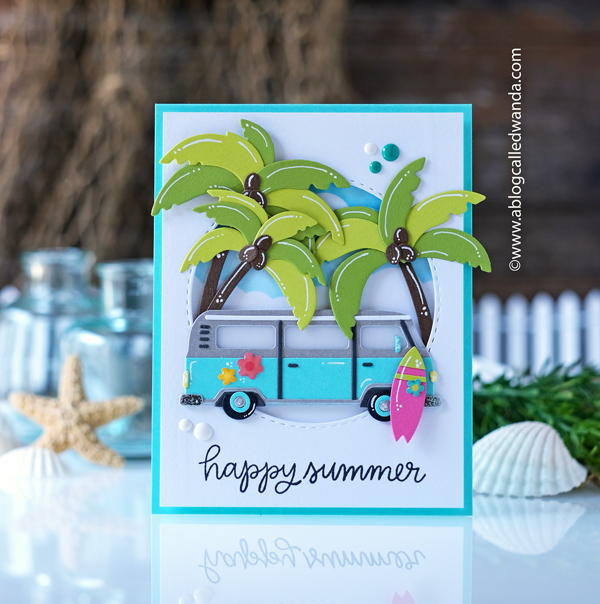rubbernecker stamps, rubbernecker dies, handmade cards, summer cards, beach cards, handmade card ideas, stamping, make your own cards, beach van die, lifeguard tower, palm trees, how to make your own cards, party invitations, summer vibes, wanda guess, a blog called wanda