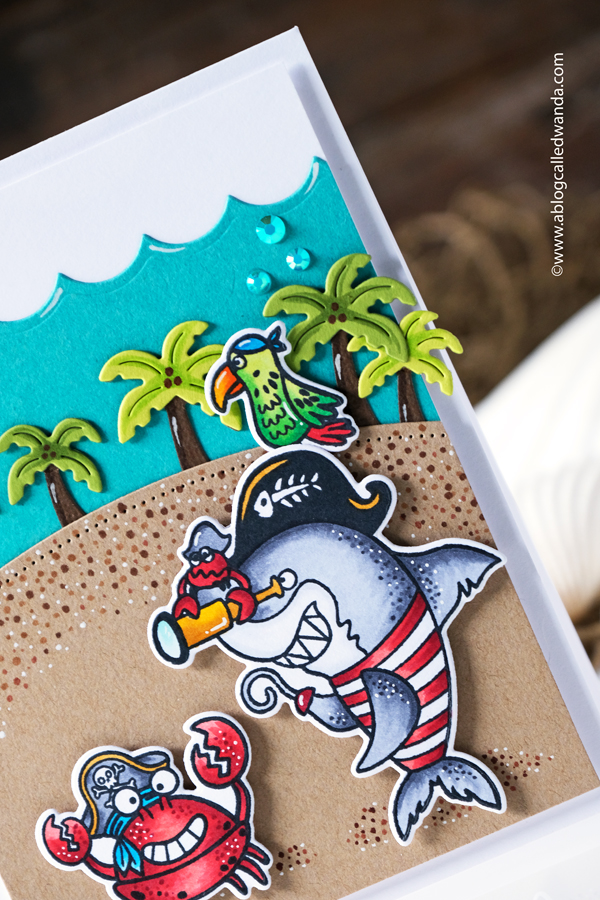 Rubbernecker stamps, rubbernecker stamps and dies, pirate stamps, pirate card, copic markers, handmade card, fun card, lawn fawn palm tree border, waves, sharks, diy cards, card layout ideas, card ideas, wanda guess